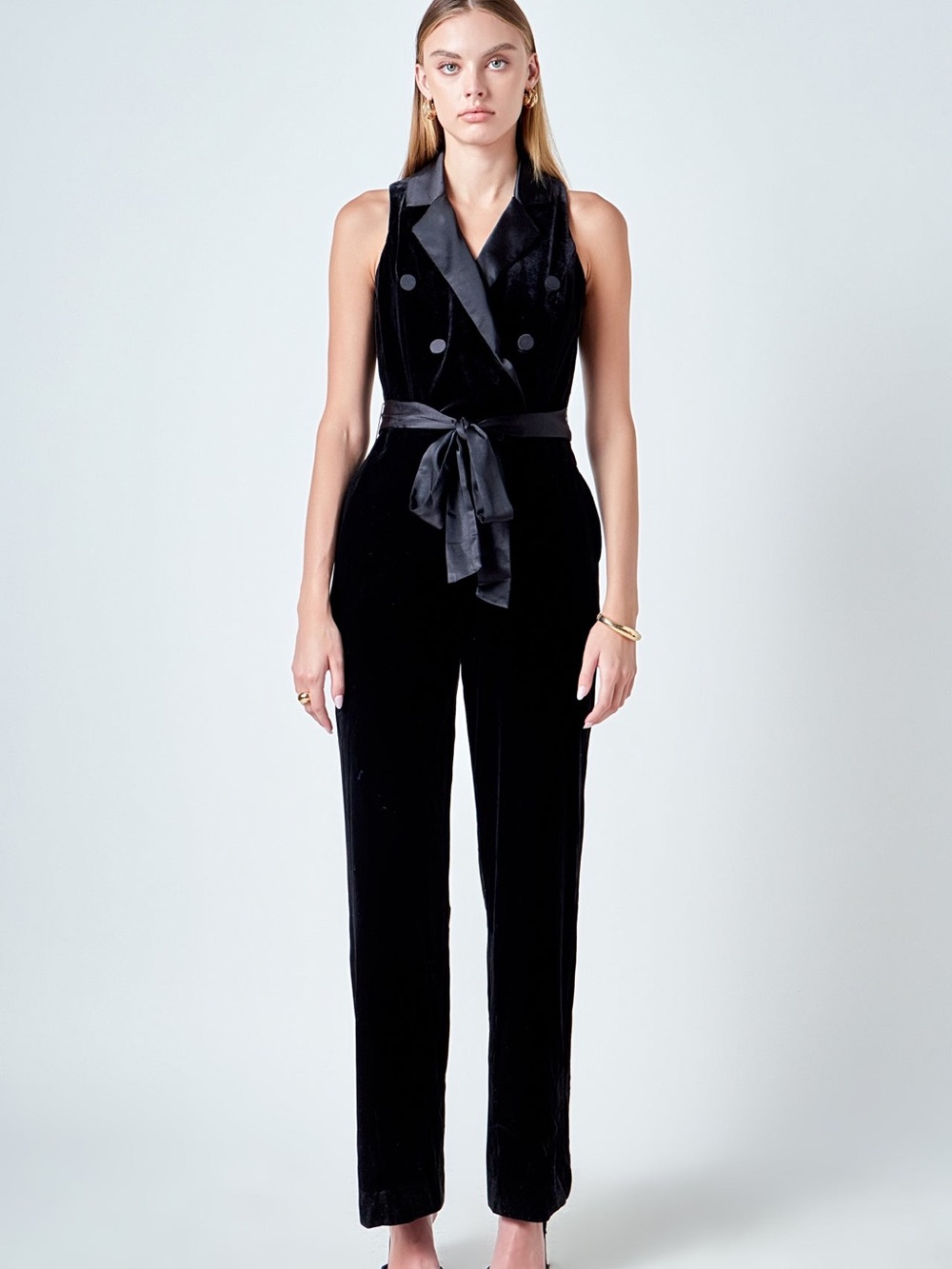 Endless Rose Black Sleeveless Velvet Wrap Jumpsuit with Satin Tie